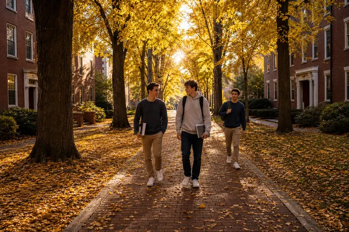 Undergraduates on the campus walkway in autumn